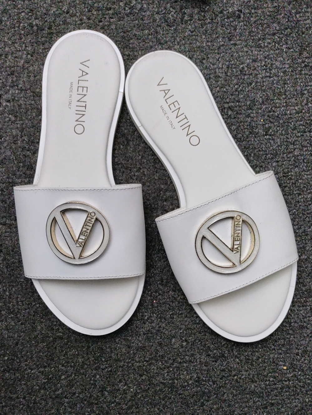 Valentino White Leather Logo Slide Sandals with Gold Emblem